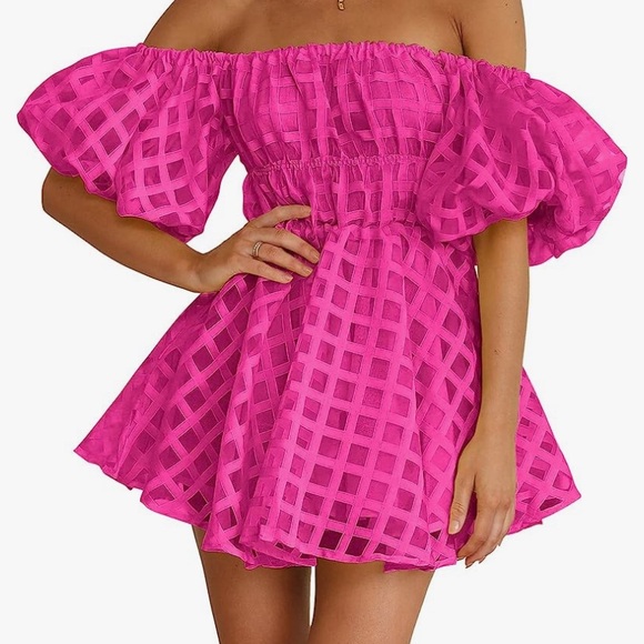 Barbie Pink Off-the-shoulder Puff Sleeve Babydoll Dress - Picture 3 of 3